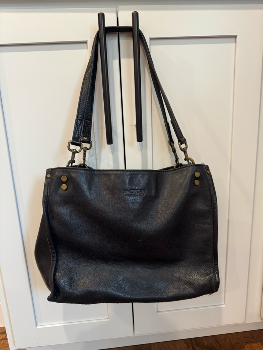 AMERICAN Leather Co. Black LENOX Triple Entry Satchel Shoulder Bag Purse